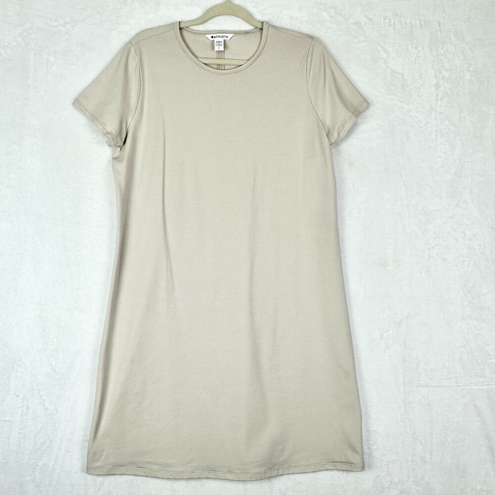 Athleta Essential Tee Dress Size Large NWT Lightweight Supima Beige Albalone - Picture 2 of 6